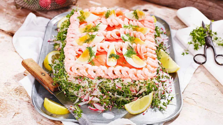 Swedish Sandwich Cake with Shrimp & Smoked Salmon (Lyxig Smörgåstårta med Räkor och Lax)
