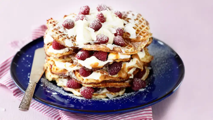 Swedish Coconut Waffle Cake with Salted Caramel and Raspberries (Våffeltårta med saltkola och hallon)
