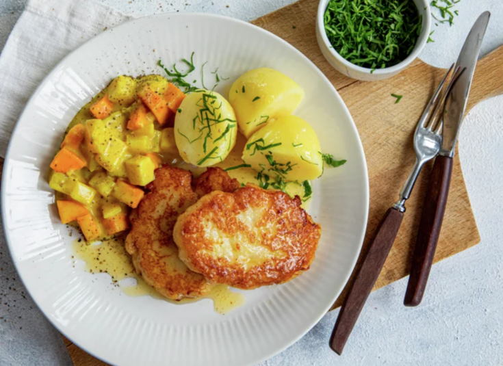 Fish Cakes with Curried Root Vegetable Stew